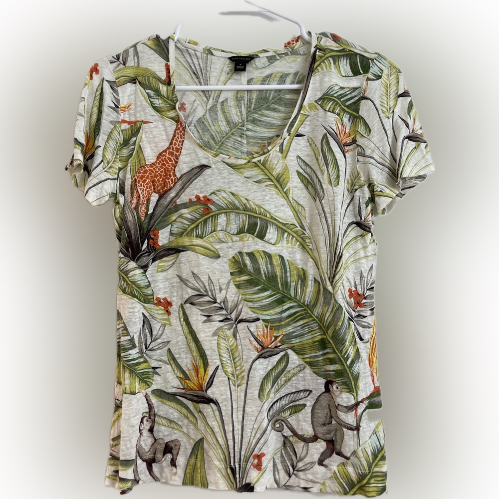 Ann Taylor 100% Linen Tropical Scoop Neck Tee